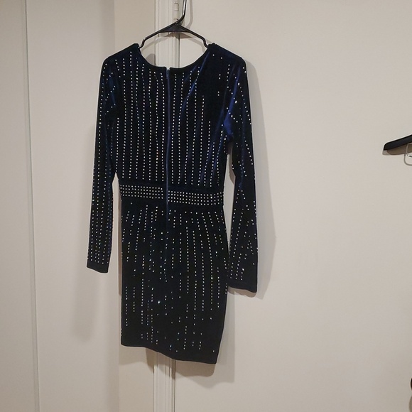 Windsor Royal Blue Velvet Rhinestone Wrap-Front Long Sleeve Dress - Picture 3 of 5